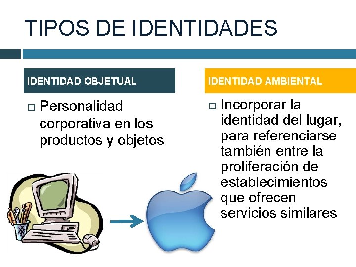 TIPOS DE IDENTIDADES IDENTIDAD OBJETUAL Personalidad corporativa en los productos y objetos IDENTIDAD AMBIENTAL