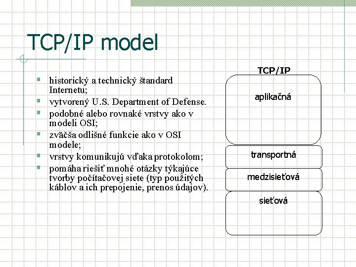 TCP/IP model § historický a technický štandard § § § Internetu; vytvorený U. S.
