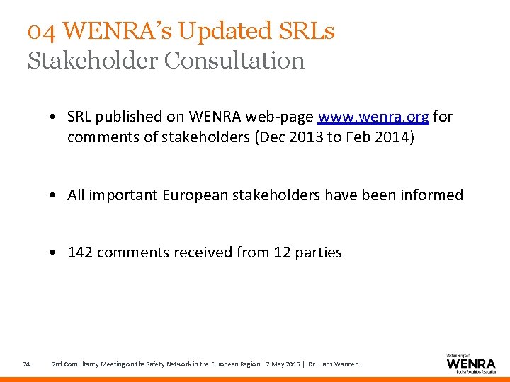 04 WENRA’s Updated SRLs Stakeholder Consultation • SRL published on WENRA web-page www. wenra.