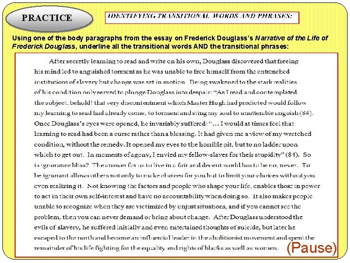 PRACTICE Using one of the body paragraphs from the essay on Frederick Douglass’s Narrative