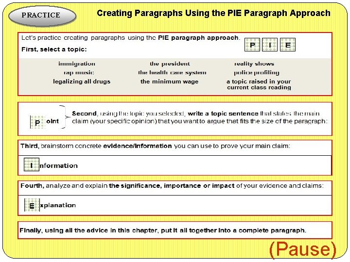 PRACTICE Creating Paragraphs Using the PIE Paragraph Approach (Pause) 