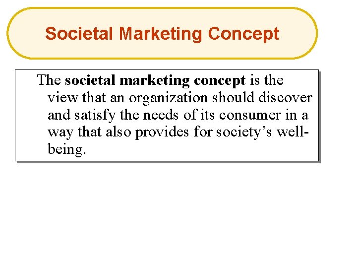 Societal Marketing Concept The societal marketing concept is the view that an organization should