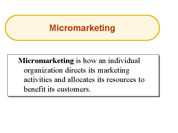 Micromarketing is how an individual organization directs its marketing activities and allocates its resources