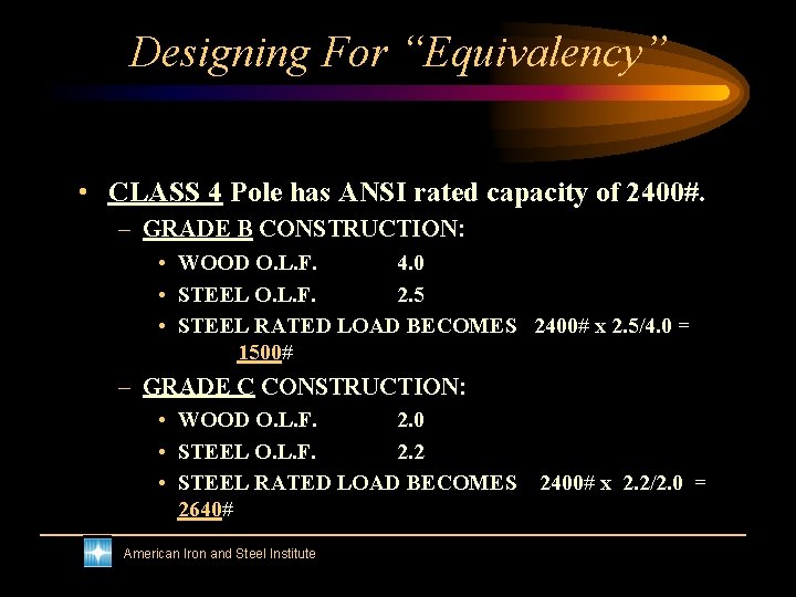 Designing For “Equivalency” • CLASS 4 Pole has ANSI rated capacity of 2400#. –