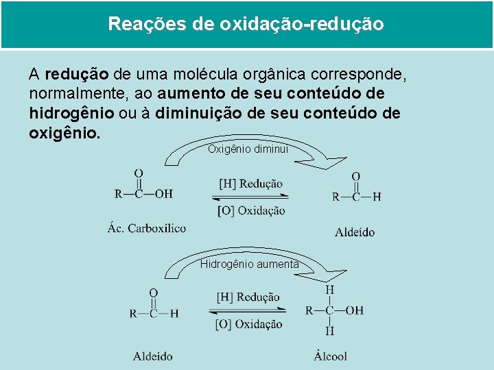 Reações de oxidação-redução A redução de uma molécula orgânica corresponde, normalmente, ao aumento de