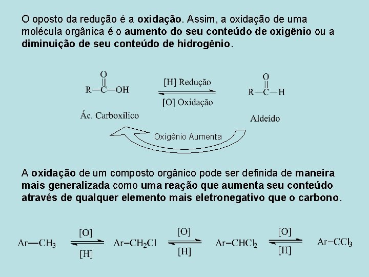 O oposto da redução é a oxidação. Assim, a oxidação de uma molécula orgânica