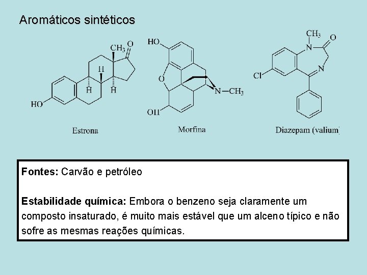 Aromáticos sintéticos Fontes: Carvão e petróleo Estabilidade química: Embora o benzeno seja claramente um