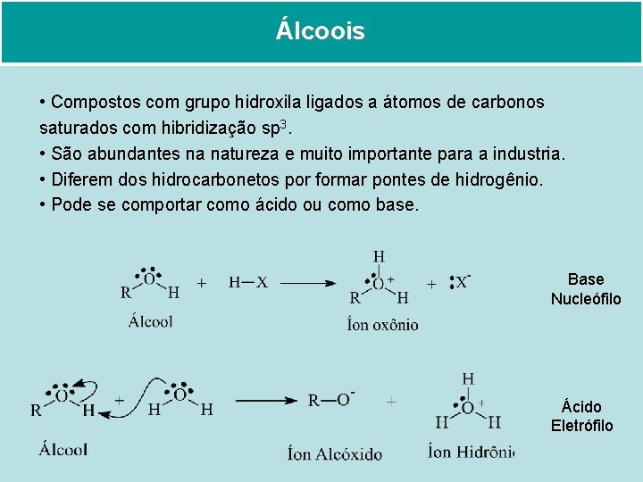 Álcoois • Compostos com grupo hidroxila ligados a átomos de carbonos saturados com hibridização