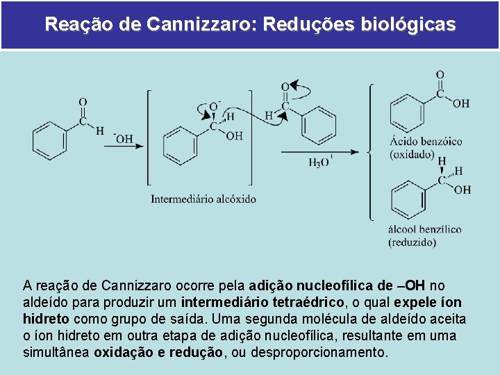 Reação de Cannizzaro: Reduções biológicas A reação de Cannizzaro ocorre pela adição nucleofílica de