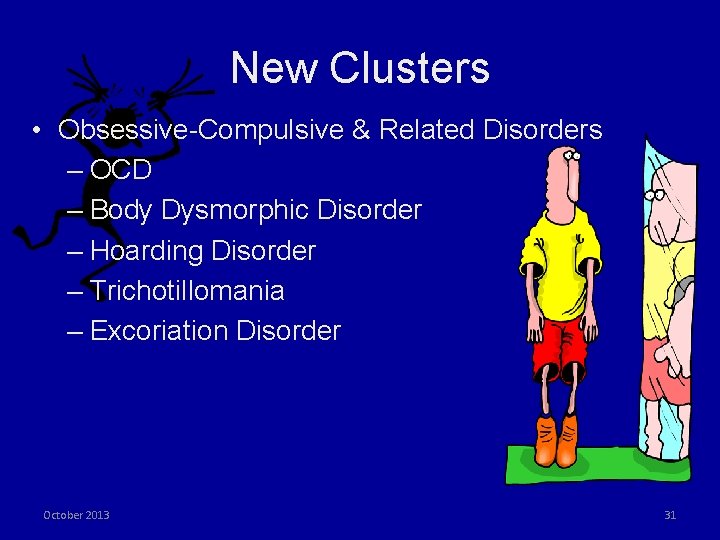 New Clusters • Obsessive-Compulsive & Related Disorders – OCD – Body Dysmorphic Disorder –