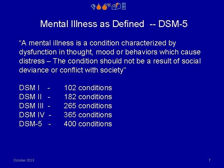 DSM-5 Mental Illness as Defined -- DSM-5 “A mental illness is a condition characterized