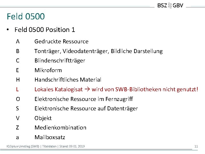 Feld 0500 • Feld 0500 Position 1 A Gedruckte Ressource B Tonträger, Videodatenträger, Bildliche