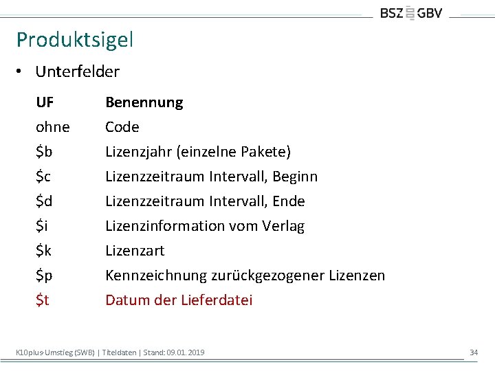 Produktsigel • Unterfelder UF ohne $b $c Benennung Code Lizenzjahr (einzelne Pakete) Lizenzzeitraum Intervall,