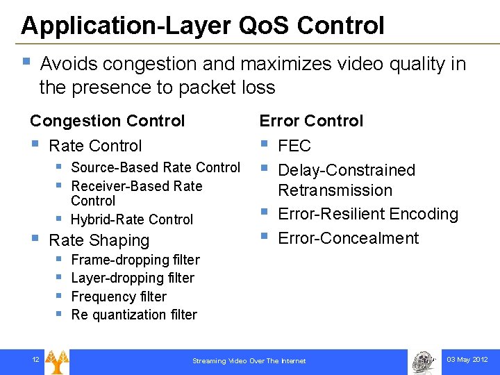 Application-Layer Qo. S Control § Avoids congestion and maximizes video quality in the presence