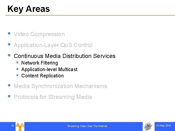 Key Areas § § § Video Compression Application-Layer Qo. S Control Continuous Media Distribution