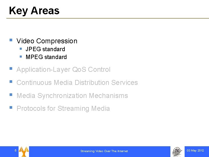 Key Areas § § § Video Compression § § JPEG standard MPEG standard Application-Layer