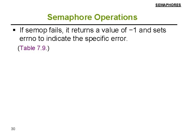 SEMAPHORES Semaphore Operations If semop fails, it returns a value of − 1 and