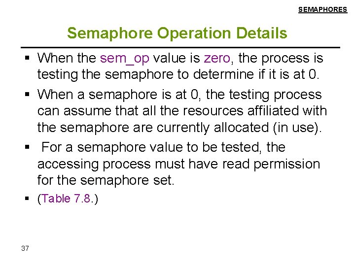 SEMAPHORES Semaphore Operation Details When the sem_op value is zero, the process is testing