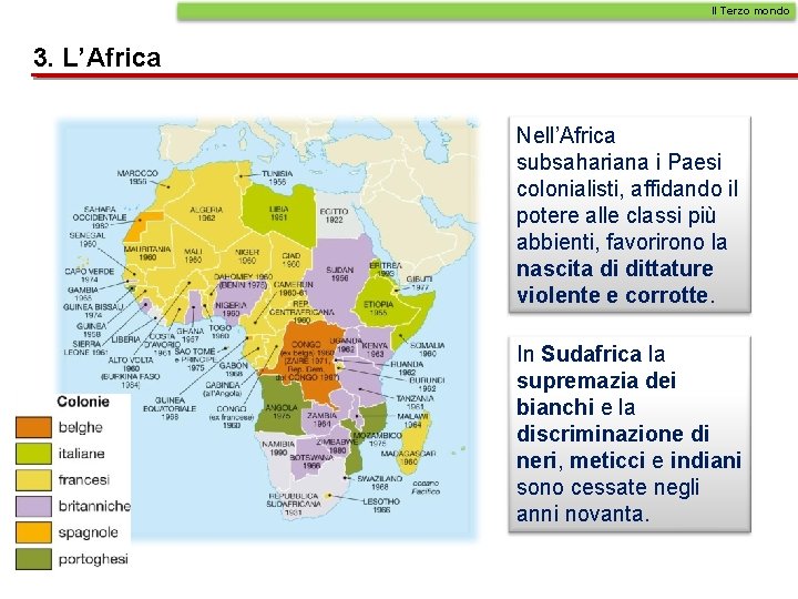 Il Terzo mondo 3. L’Africa Nell’Africa subsahariana i Paesi colonialisti, affidando il potere alle