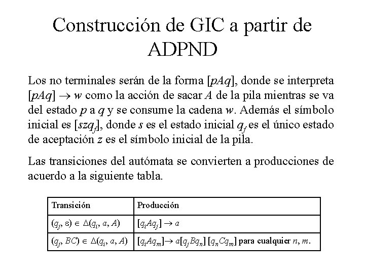 Construcción de GIC a partir de ADPND Los no terminales serán de la forma