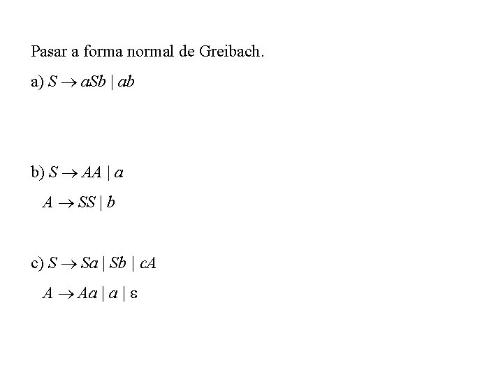 Pasar a forma normal de Greibach. a) S a. Sb | ab b) S