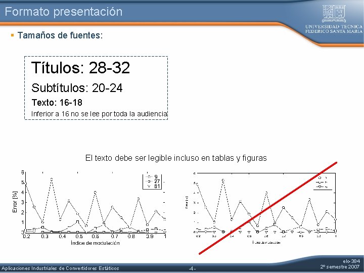 Formato presentación § Tamaños de fuentes: Títulos: 28 -32 Subtítulos: 20 -24 Texto: 16