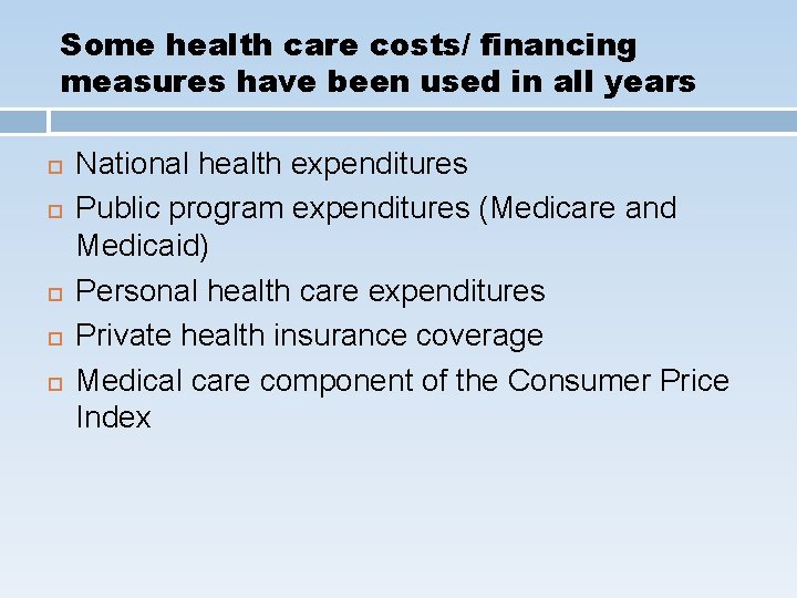 Some health care costs/ financing measures have been used in all years National health