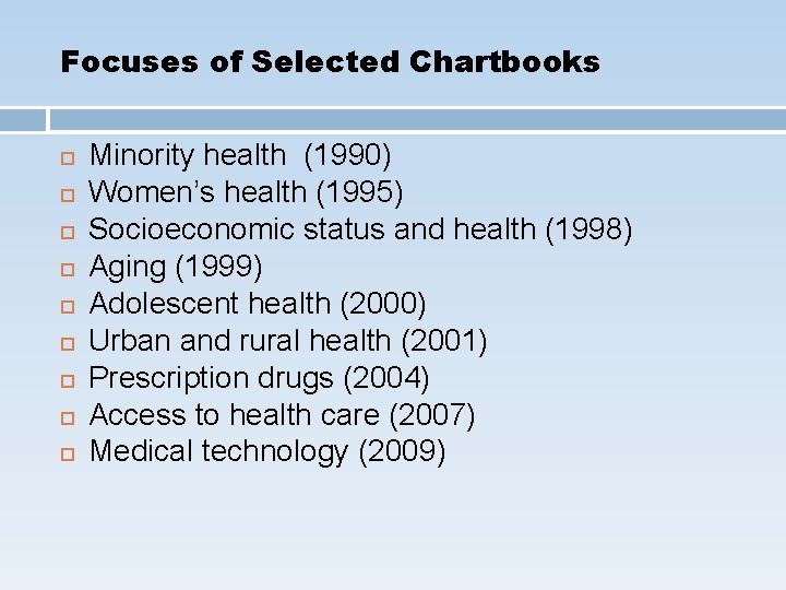 Focuses of Selected Chartbooks Minority health (1990) Women’s health (1995) Socioeconomic status and health