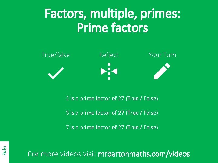 Factors, multiple, primes: Prime factors True/false Reflect Your Turn 2 is a prime factor
