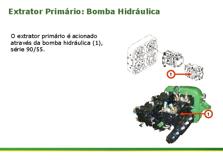 Extrator Primário: Bomba Hidráulica O extrator primário é acionado através da bomba hidráulica (1),