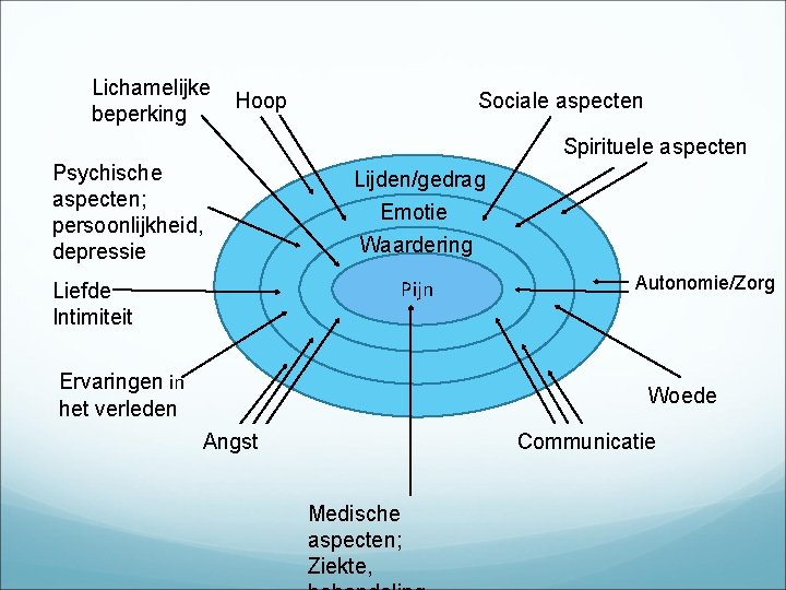 Lichamelijke beperking Hoop Sociale aspecten Spirituele aspecten Psychische aspecten; persoonlijkheid, depressie Lijden/gedrag Emotie Waardering