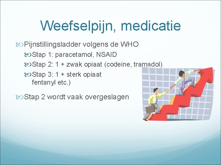 Weefselpijn, medicatie Pijnstillingsladder volgens de WHO Stap 1: paracetamol, NSAID Stap 2: 1 +