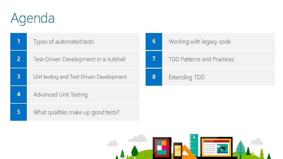 Agenda Types of automated tests Working with legacy code Test-Driven Development in a nutshell