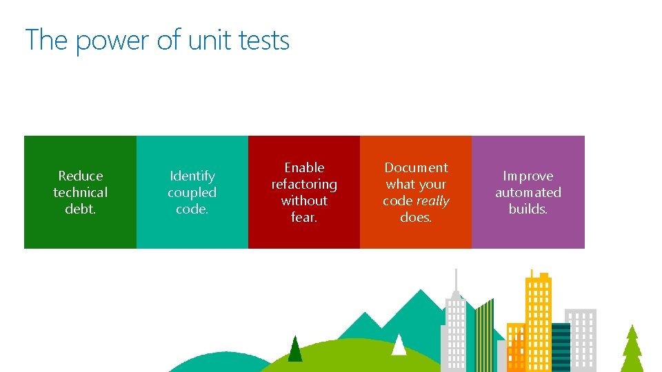 The power of unit tests Reduce technical debt. Identify coupled code. Enable refactoring without