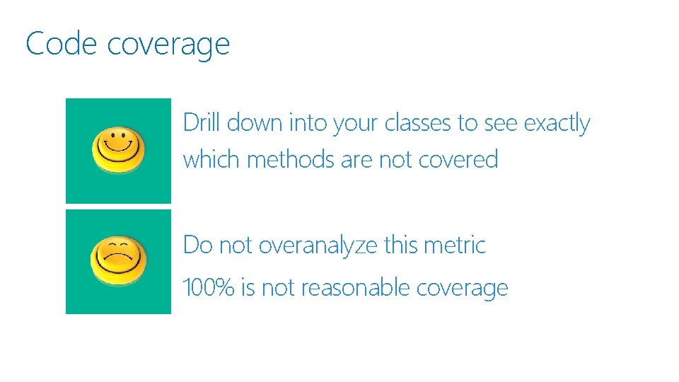 Code coverage Drill down into your classes to see exactly which methods are not