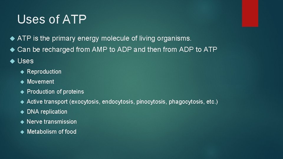Uses of ATP is the primary energy molecule of living organisms. Can be recharged Uses of ATP is the primary energy molecule of living organisms. Can be recharged