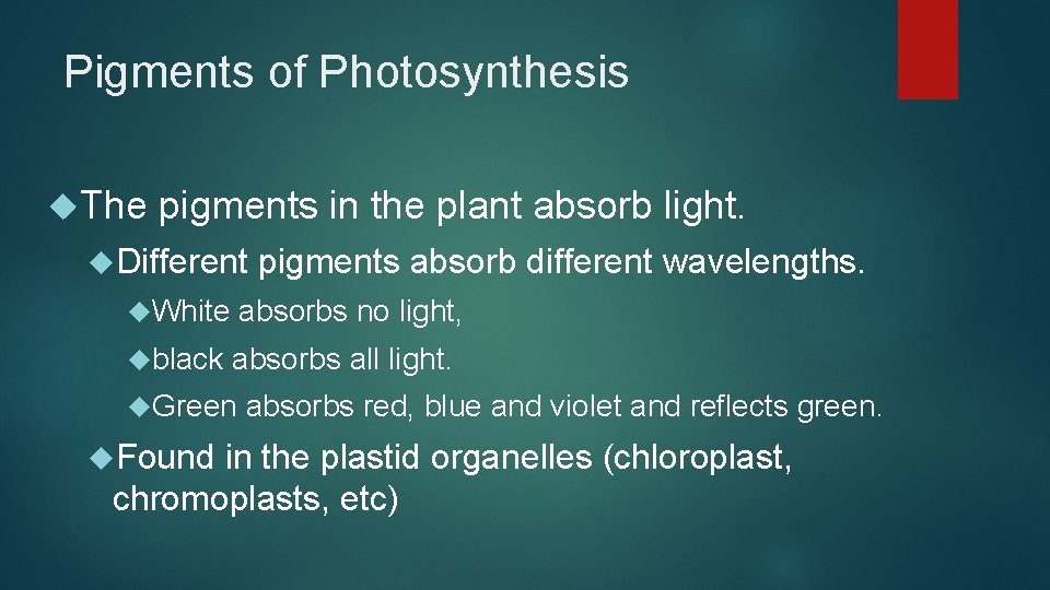 Pigments of Photosynthesis The pigments in the plant absorb light. Different pigments absorb different Pigments of Photosynthesis The pigments in the plant absorb light. Different pigments absorb different