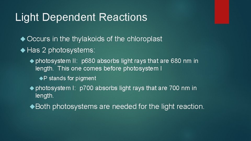 Light Dependent Reactions Occurs Has in the thylakoids of the chloroplast 2 photosystems: photosystem Light Dependent Reactions Occurs Has in the thylakoids of the chloroplast 2 photosystems: photosystem