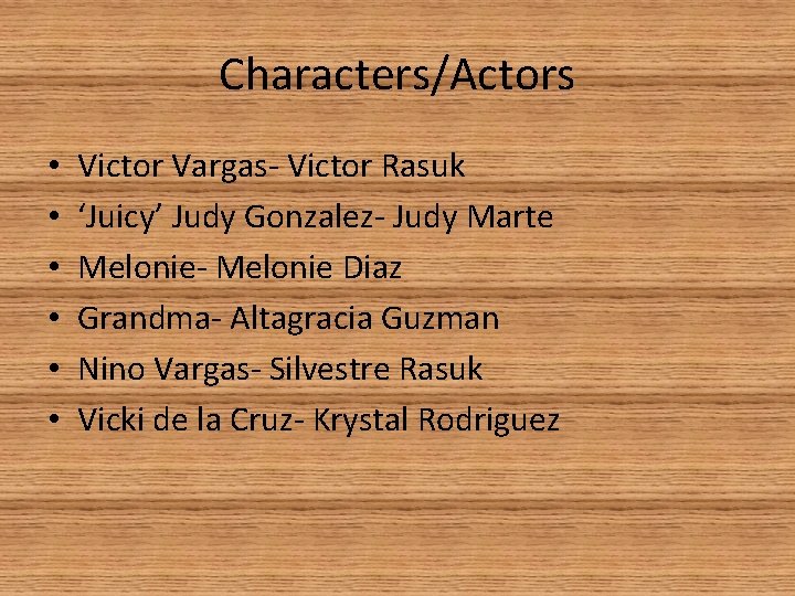 Characters/Actors • • • Victor Vargas- Victor Rasuk ‘Juicy’ Judy Gonzalez- Judy Marte Melonie-