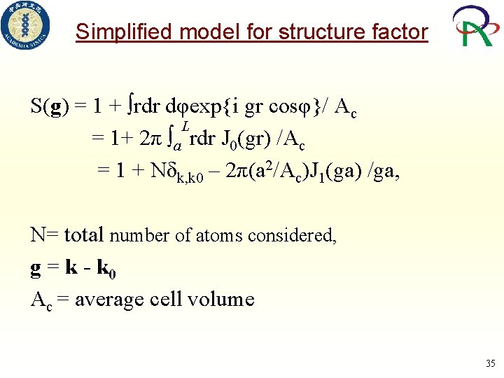 Simplified model for structure factor S(g) = 1 + ∫rdr dφexp{i gr cosφ}/ Ac