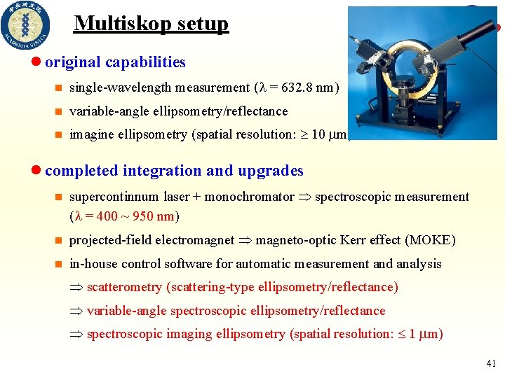 Multiskop setup original capabilities single-wavelength measurement (l = 632. 8 nm) variable-angle ellipsometry/reflectance imagine