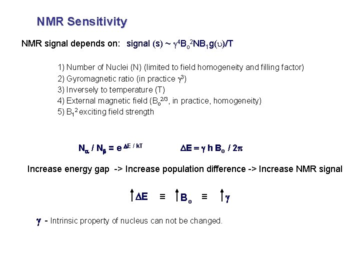 NMR Sensitivity NMR signal depends on: signal (s) ~ g 4 Bo 2 NB