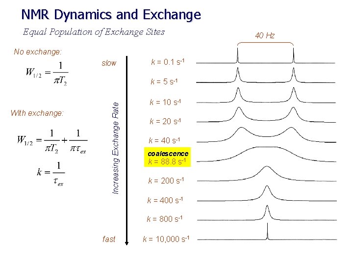 NMR Dynamics and Exchange Equal Population of Exchange Sites No exchange: slow k =