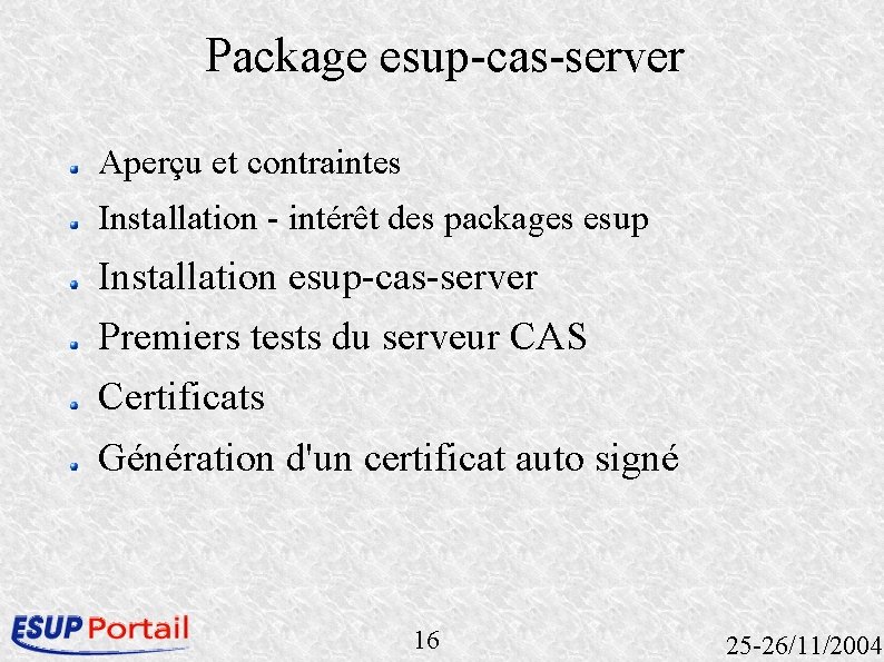 Package esup-cas-server Aperçu et contraintes Installation - intérêt des packages esup Installation esup-cas-server Premiers