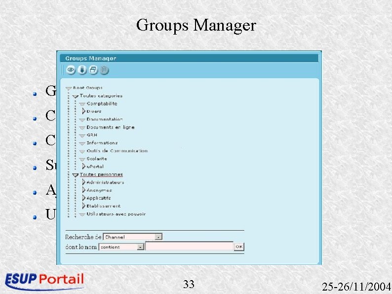 Groups Manager Gestion des groupes du portail Canal inclus dans le portail Création de