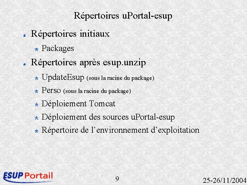 Répertoires u. Portal-esup Répertoires initiaux Packages Répertoires après esup. unzip Update. Esup (sous la Répertoires u. Portal-esup Répertoires initiaux Packages Répertoires après esup. unzip Update. Esup (sous la