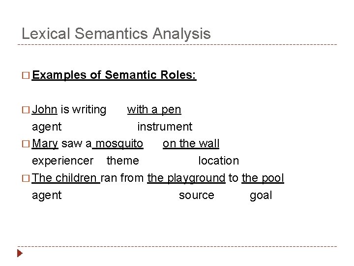 Lexical Semantics Analysis � Examples of Semantic Roles: � John is writing with a