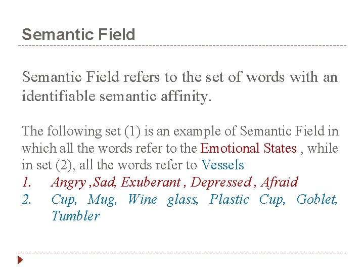 Semantic Field refers to the set of words with an identifiable semantic affinity. The