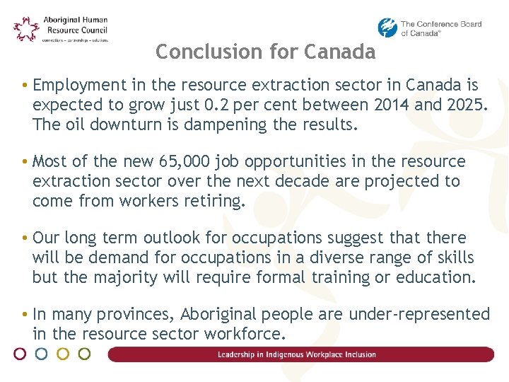 Conclusion for Canada • Employment in the resource extraction sector in Canada is expected