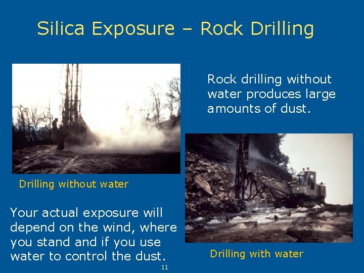 Silica Exposure – Rock Drilling Rock drilling without water produces large amounts of dust.